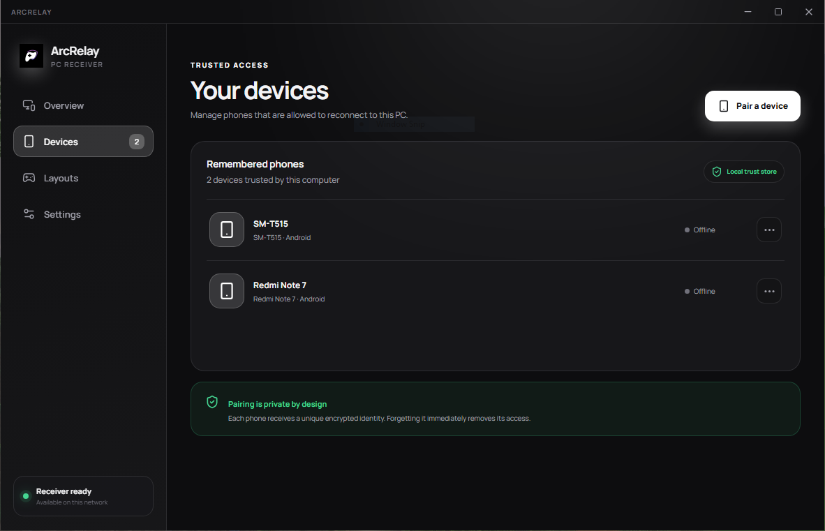 Receiver paired devices list