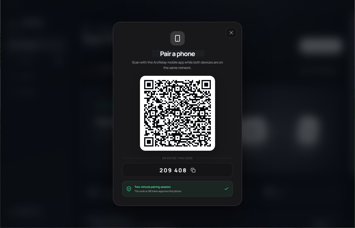 Receiver pairing screen with QR code