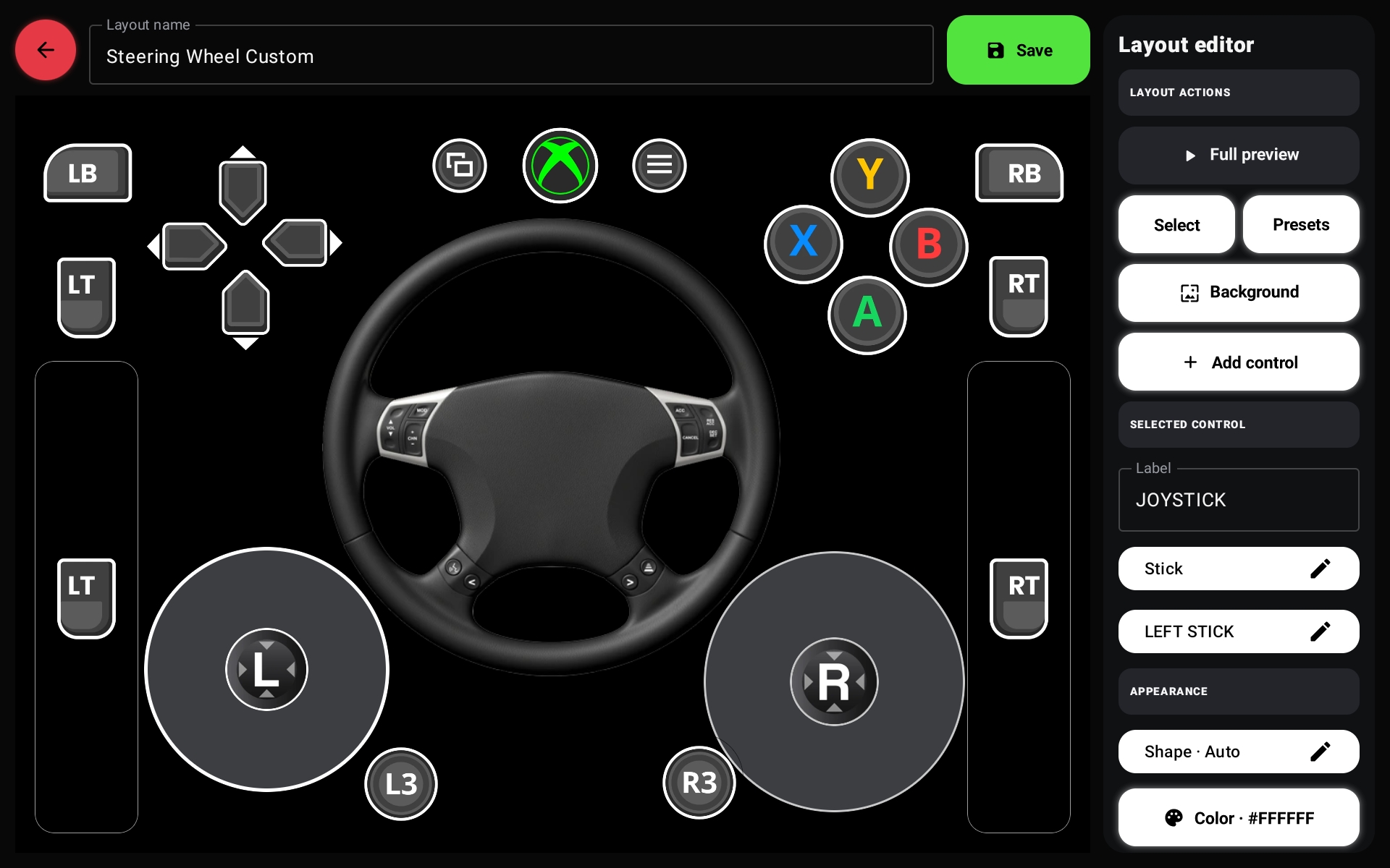 Steering wheel editor on a tablet